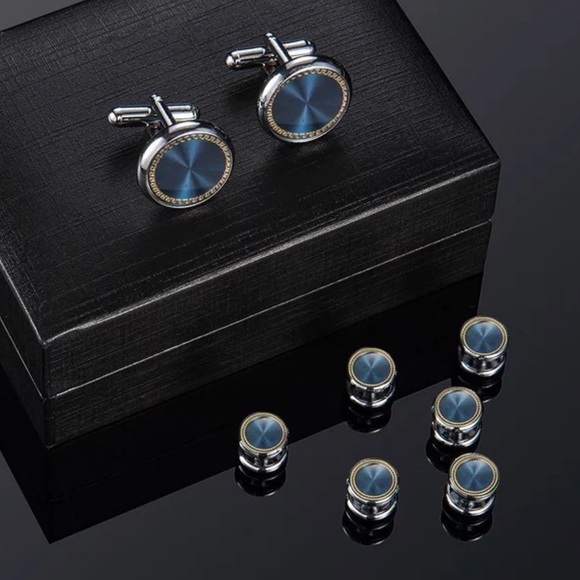 Elegant Royal Blue Gold Outlined Round Cufflinks Tuxedo Studs Formal 8 Pcs Set - Picture 2 of 16
